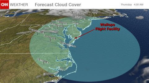 Forecast for Eastern U.S. at 4:30 a.m. EDT on Thursay, June 129th. The shaded circle indicates the viewable region for colored clouds resulting from NASA's Sounding Rocket launch.