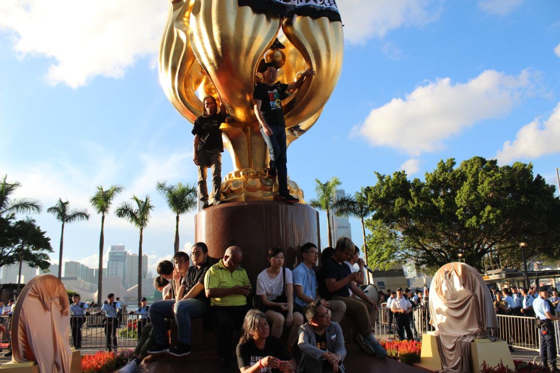 The gold statue of a Bauhinia flower -- a symbol of Hong Kong -- was a gift to the city from China.