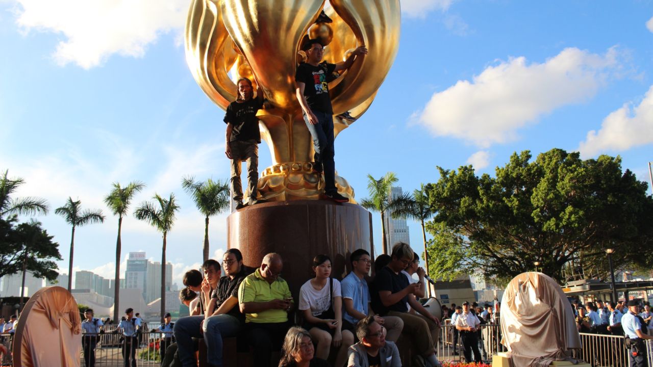 The gold statue of a Bauhinia flower -- a symbol of Hong Kong -- was a gift to the city from China.