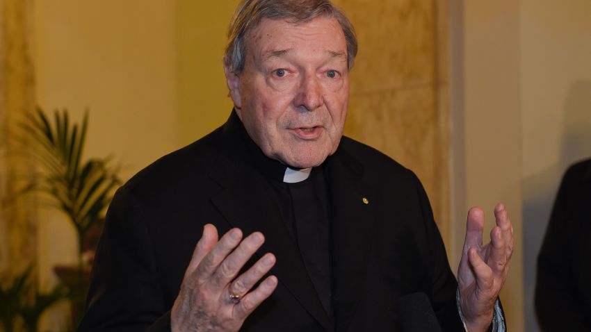 Vatican finance chief Cardinal George Pell speaks to the media at the Quirinale hotel in Rome on March 3, 2016 at the end of evidence via video-link to Australia's Royal Commission into Institutional Responses to Child Sexual Abuse in Sydney for a second of three days. 
Pell insisted he has the "full backing" of Pope Francis as he told an inquiry that abuse claims against Australia's most notorious paedophile priest were not "of much interest" to him.  / AFP / ANDREAS SOLARO        (Photo credit should read ANDREAS SOLARO/AFP/Getty Images)