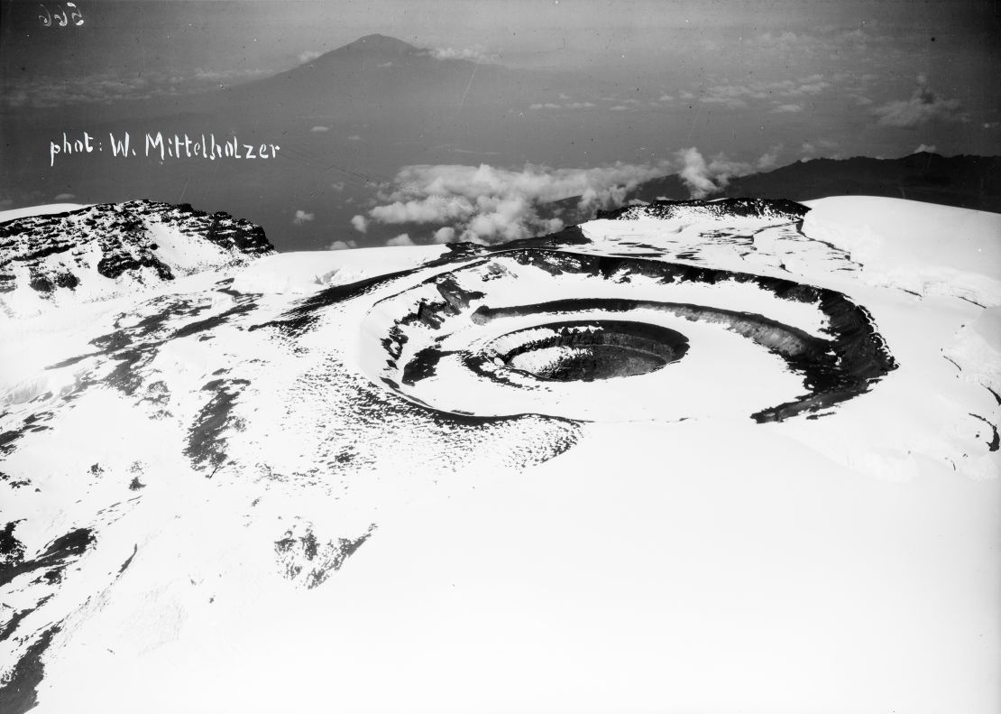 In 1929, Mittelholzer became the first person to fly over Mount Kilimanjaro -- en route, he flew over Mount Kibo (pictured here).