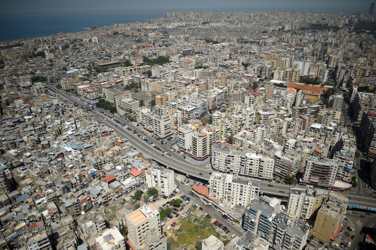 An aerial view of the Lebanese capital Beirut shows the densely populated landscape.