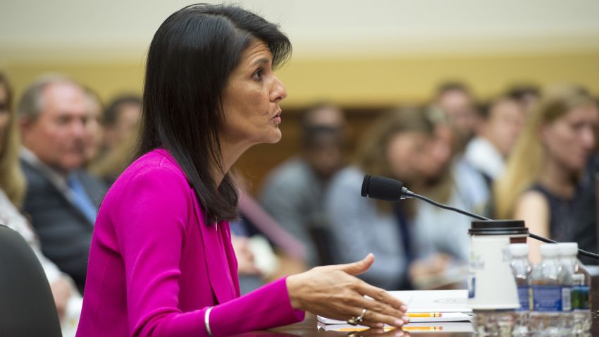 US Ambassador to the UN Nikki Haley testifies during a US House Foreign Affairs Committee hearing on Capitol Hill in Washington, DC, June 28, 2017.