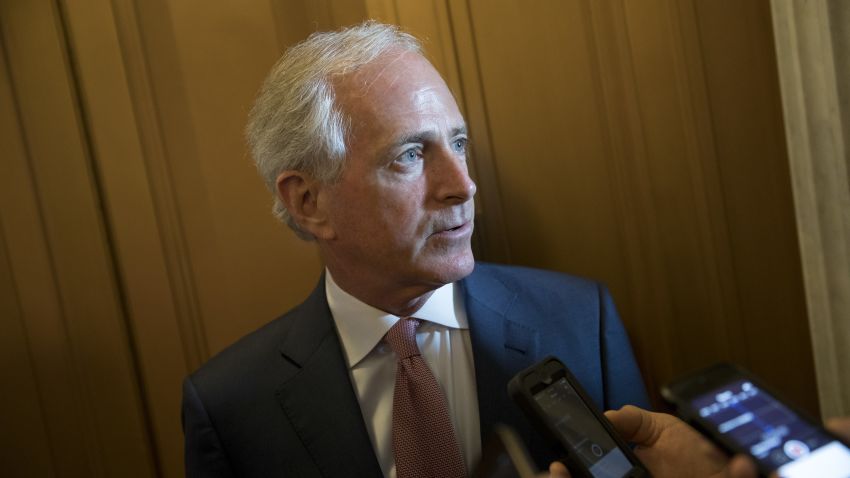 Sen. Bob Corker (R-TN) speaks to reporters on Capitol Hill May 10, 2017 in Washington, DC. Senators from both parties are scrambling to react to President Donald Trump's surprise dismissal of FBI Director James Comey.