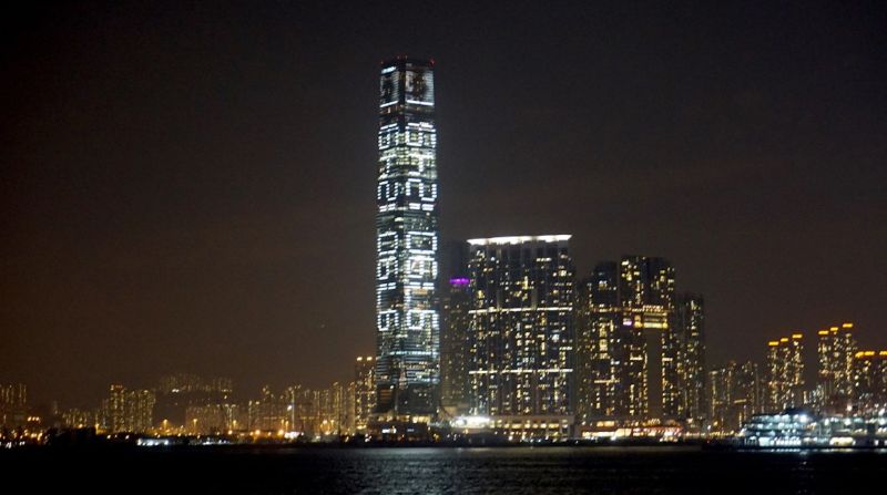 Sampson Wong's installation "The Countdown Machine" shows a digital clock face counting down the seconds to July 1, 2047 -- the day on which Hong Kong's semi-autonomous status expires. The artist projected the image vertically across Hong Kong's tallest skyscraper, The International Commerce Center, for four days in May 2016. It was eventually removed by The Hong Kong Arts Development Council.