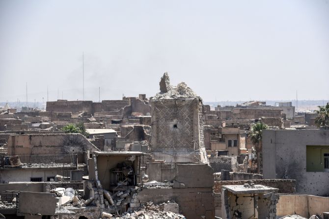 The remnants of Mosul's ancient leaning minaret are seen in the Old City on Sunday, June 25. ISIS' claim that US warplanes were responsible for the <a href="index.php?page=&url=http%3A%2F%2Fwww.cnn.com%2F2017%2F06%2F21%2Fworld%2Fmosul-iraq-mosque-destroyed%2Findex.html">destruction of the minaret </a>is "1,000% false," US officials told CNN.