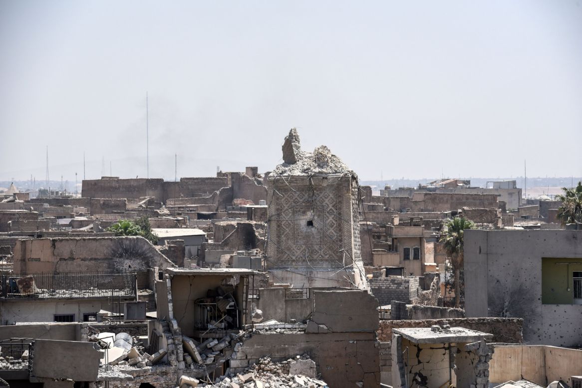 The remnants of Mosul's ancient leaning minaret are seen in the Old City on Sunday, June 25. ISIS' claim that US warplanes were responsible for the <a href="http://www.cnn.com/2017/06/21/world/mosul-iraq-mosque-destroyed/index.html">destruction of the minaret </a>is "1,000% false," US officials told CNN.