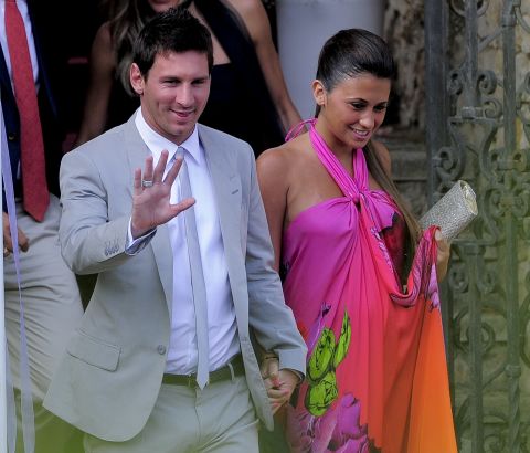 The couple are seen arriving for the wedding of Messi's teammate Andres Iniesta in Altafulla, Spain in July, 2012. Among guests expected at Messi and Roccuzzo's wedding are some of Messi's current and former teammates, including Gerard Pique and his pop star wife, Shakira.