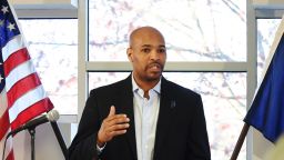 Indiana State Health Commissioner Dr. Jerome Adams discusses the implementation of a needle exchange program and "one-stop shop" in Austin, Ind., on Saturday, April 4, 2015.  State and local health officials began a needle-exchange program Saturday where an HIV outbreak among intravenous drug users has grown to nearly 90 cases.  Scott County's needle-exchange program was created through an emergency executive order signed last week by Gov. Mike Pence in an attempt to curb the state's largest-ever HIV outbreak.  (AP Photo/News and Tribune, Tyler Stewart)