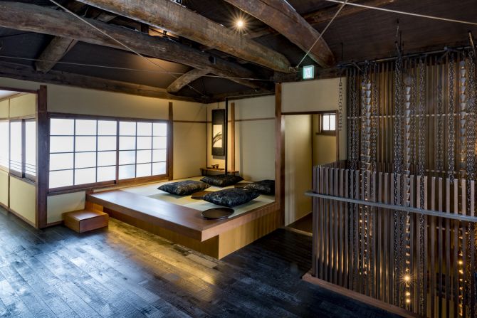 Upstairs, three rooms provide tatami mat seating and a mix of traditional details -- from hanging scrolls on the walls to traditional silk cushions, made with kimono fabric from Kyoto's Tango region.