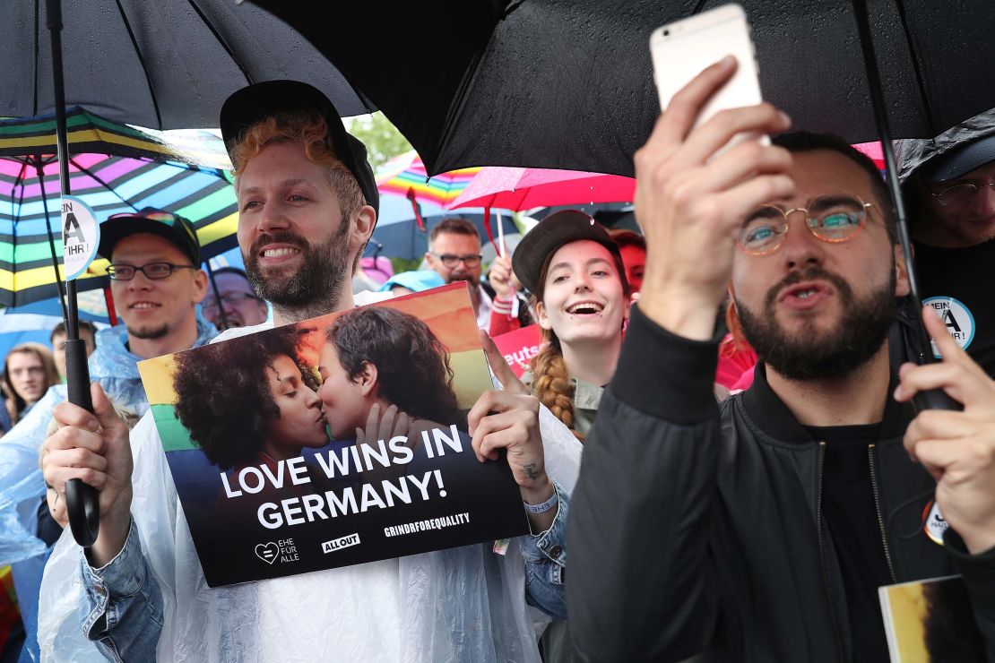 Gay rights supporters celebrate on Friday.  