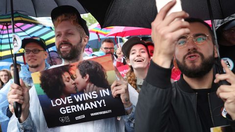 Gay rights supporters celebrate on Friday.  