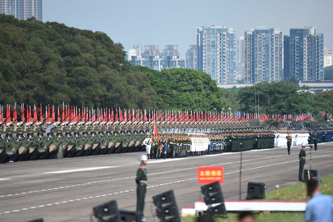 Hong Kong's People's Liberation Army soldiers parade  on June 30, 2017.

