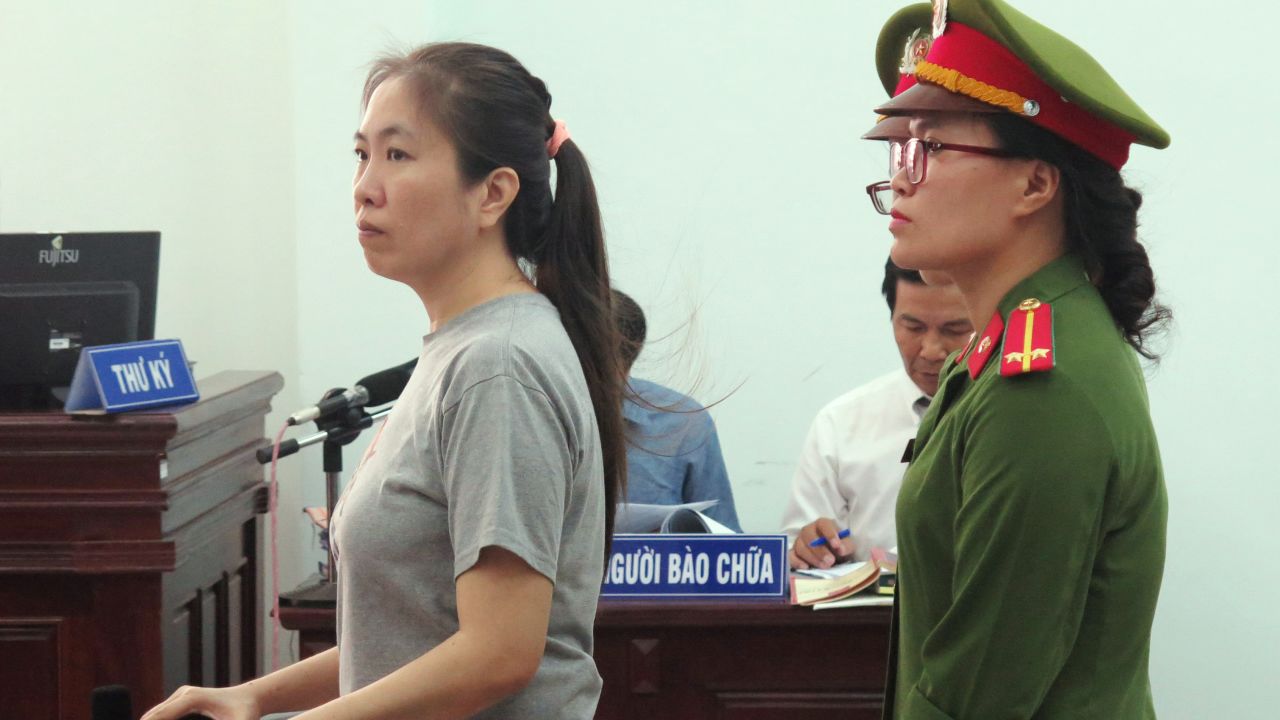 Vietnamese blogger Nguyen Ngoc Nhu Quynh, also known as "Mother Mushroom," stands trial at a courthouse in Nha Trang on June 29, 2017.
