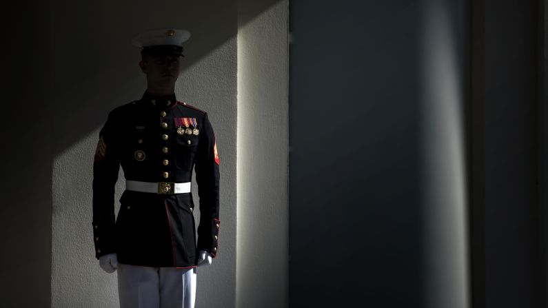 A member of the US Marine Corps stands guard outside the West Wing of the White House while US President Donald Trump works on June 6.