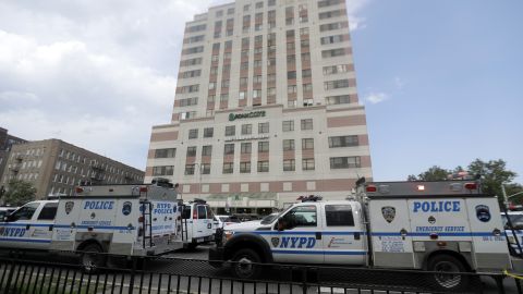 Police vehicles converge on Bronx-Lebanon Hospital Center after Friday's shooting.
