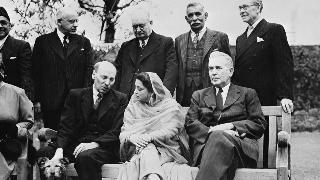Begum Ra'ana Liaqat Ali Khan (front, center) sits with a host of world leaders at the opening day of the conference of Dominion Prime Ministers at 10 Downing Street, London on April 21, 1949. 