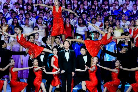 Singer Leon Lai performs at the event on June 30, 2017, surrounded by dancers.