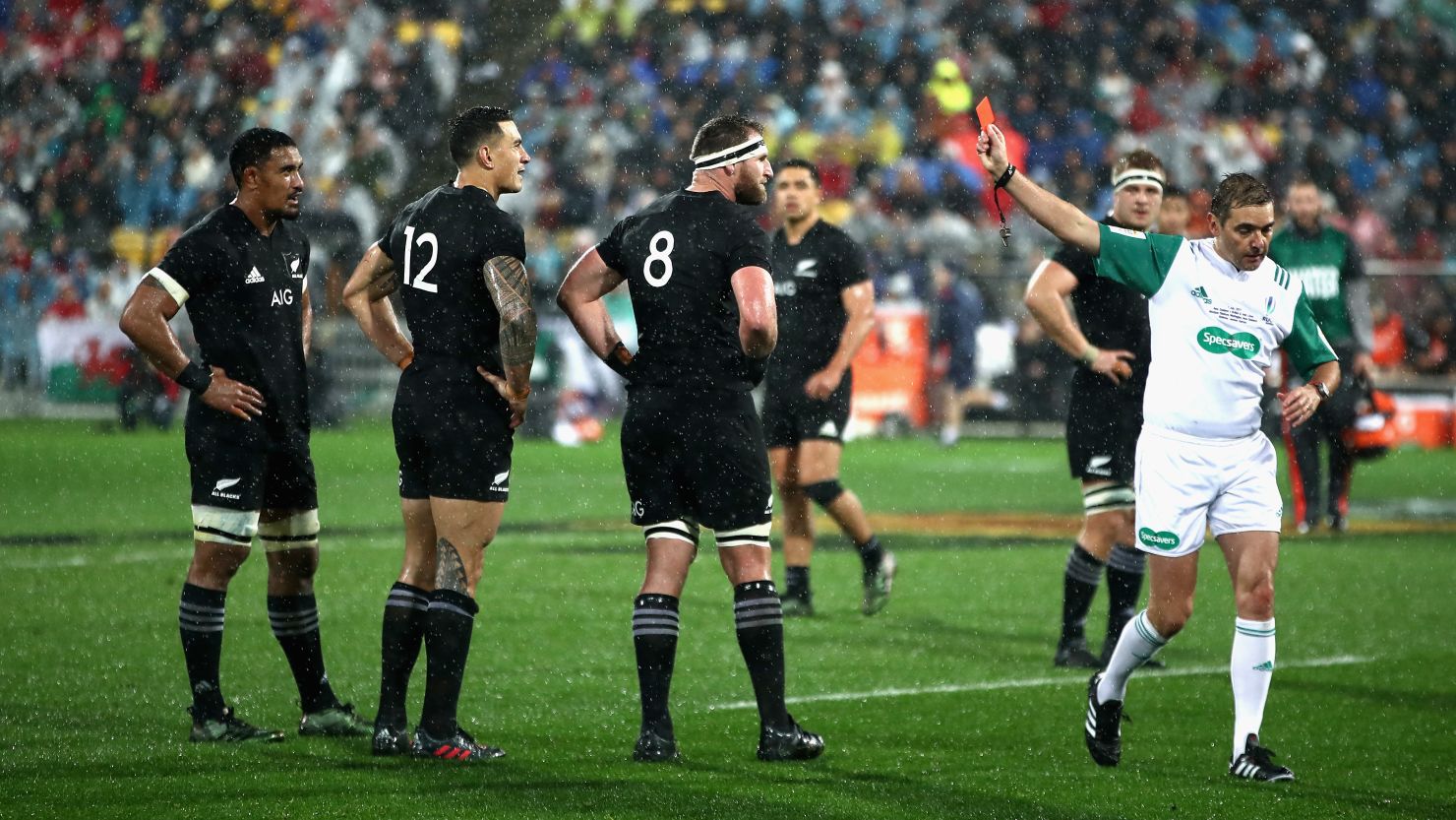 Sonny Bill Williams receives a red card for a shoulder charge on winger Antony Watson