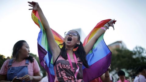 Student Ashleigh Ng, 15, waves a rainbow flag while singing along at a concert during Saturday's Pink Dot gay pride event.