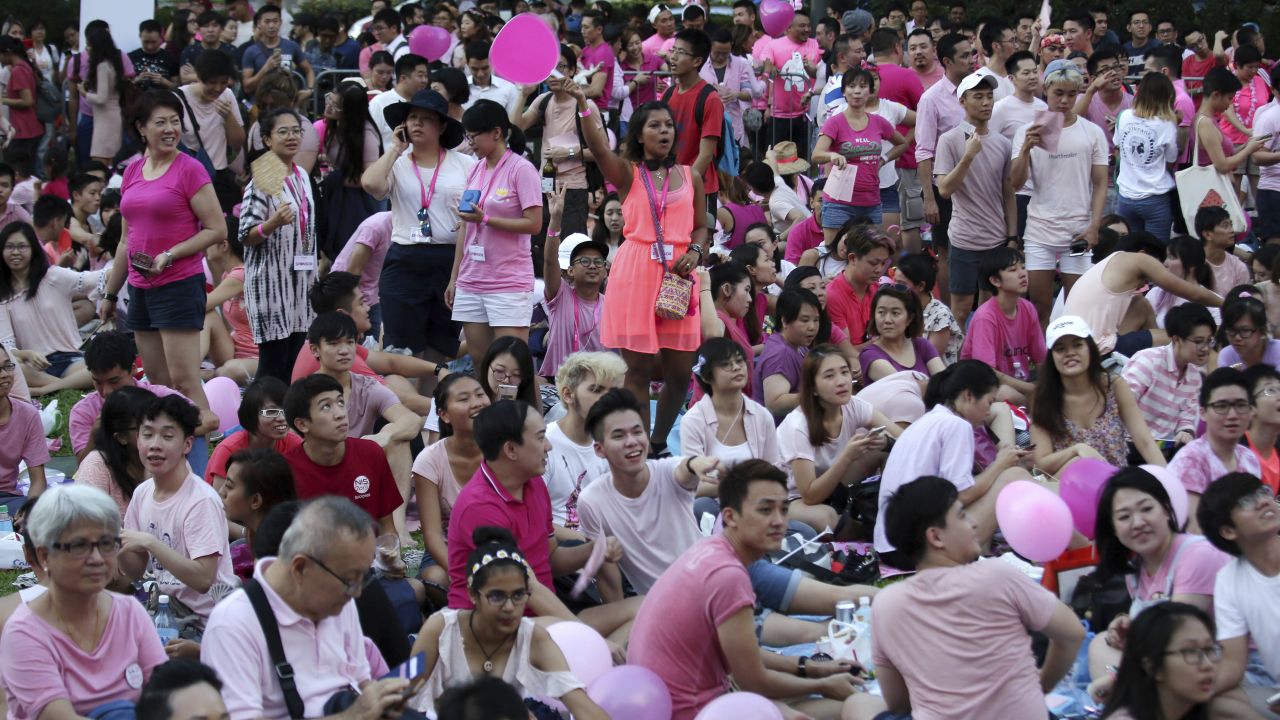 Thousands gathered at a park for the annual Pink Dot gay pride event on Saturday, July 1, in Singapore.