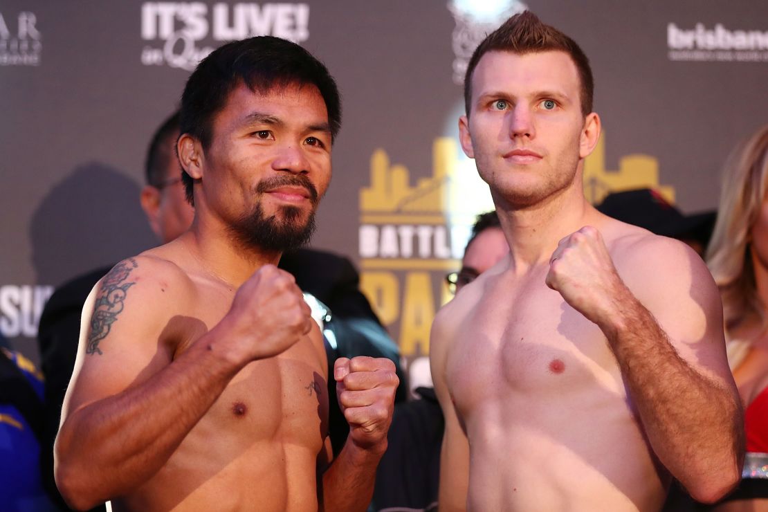Manny Pacquiao and Jeff Horn at their weigh in ahead of the WBO title fight at Suncorp Stadium in early July.
