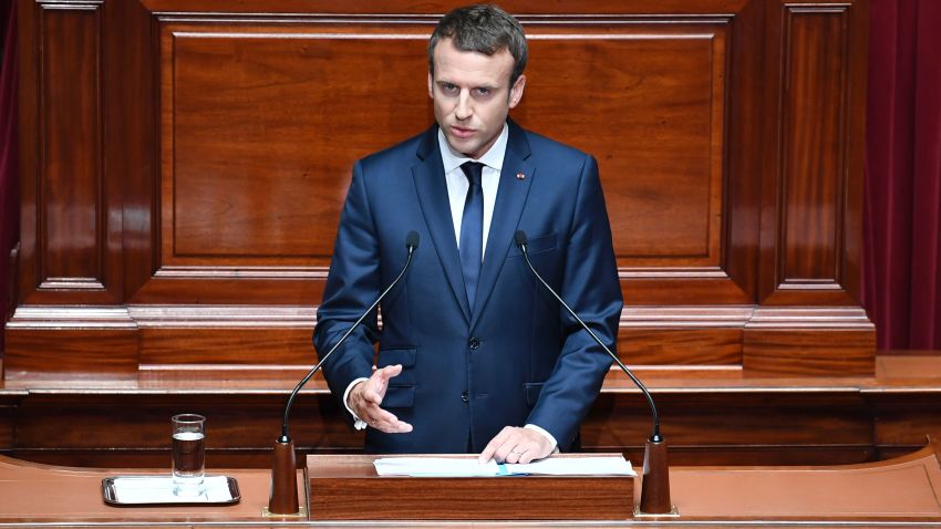 French President Emmanuel Macron speaks during a special congress gathering both houses of parliament (National Assembly and Senate) in the palace of Versailles, outside Paris, on July 3, 2017.
Lawmakers from the two houses are usually called together only in times of national crisis, but Macron has convened the session, which he plans to make an annual event, to lay out his vision and priorities two months after his election. / AFP PHOTO / POOL / Eric FEFERBERG        (Photo credit should read ERIC FEFERBERG/AFP/Getty Images)