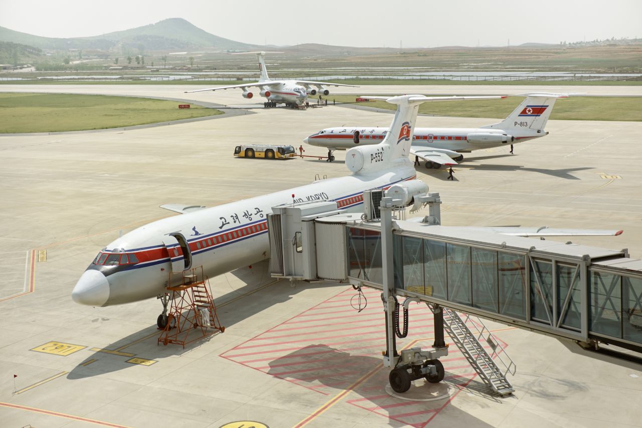 On the tarmac at Sunan International Airport Pyongyang: A Tupolev-154, Tupolev-134 and an Ilyushin 76 transport plane. 