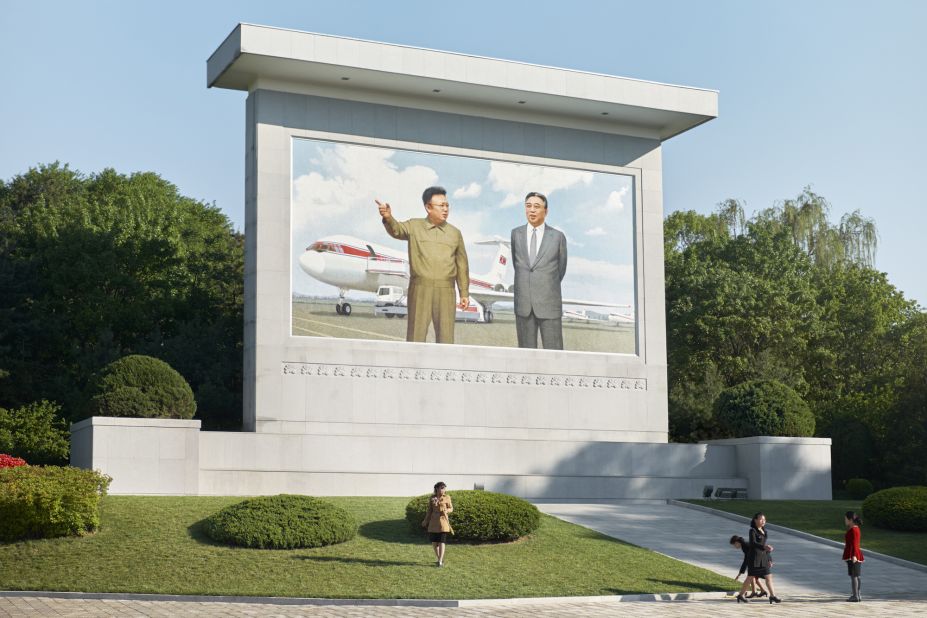 A mosaic monument near Sunan International Airport in Pyongyang features the former leaders of North Korea -- Kim Jong Il and Kim Il Sung -- standing before an Ilyushin-62 and a Tupolev-154.