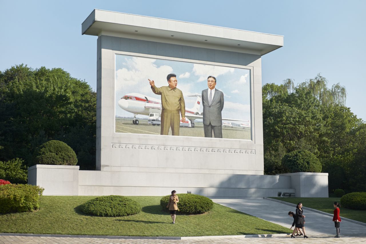 A mosaic monument near Sunan International Airport in Pyongyang features the former leaders of North Korea -- Kim Jong Il and Kim Il Sung -- standing before an Ilyushin-62 and a Tupolev-154.