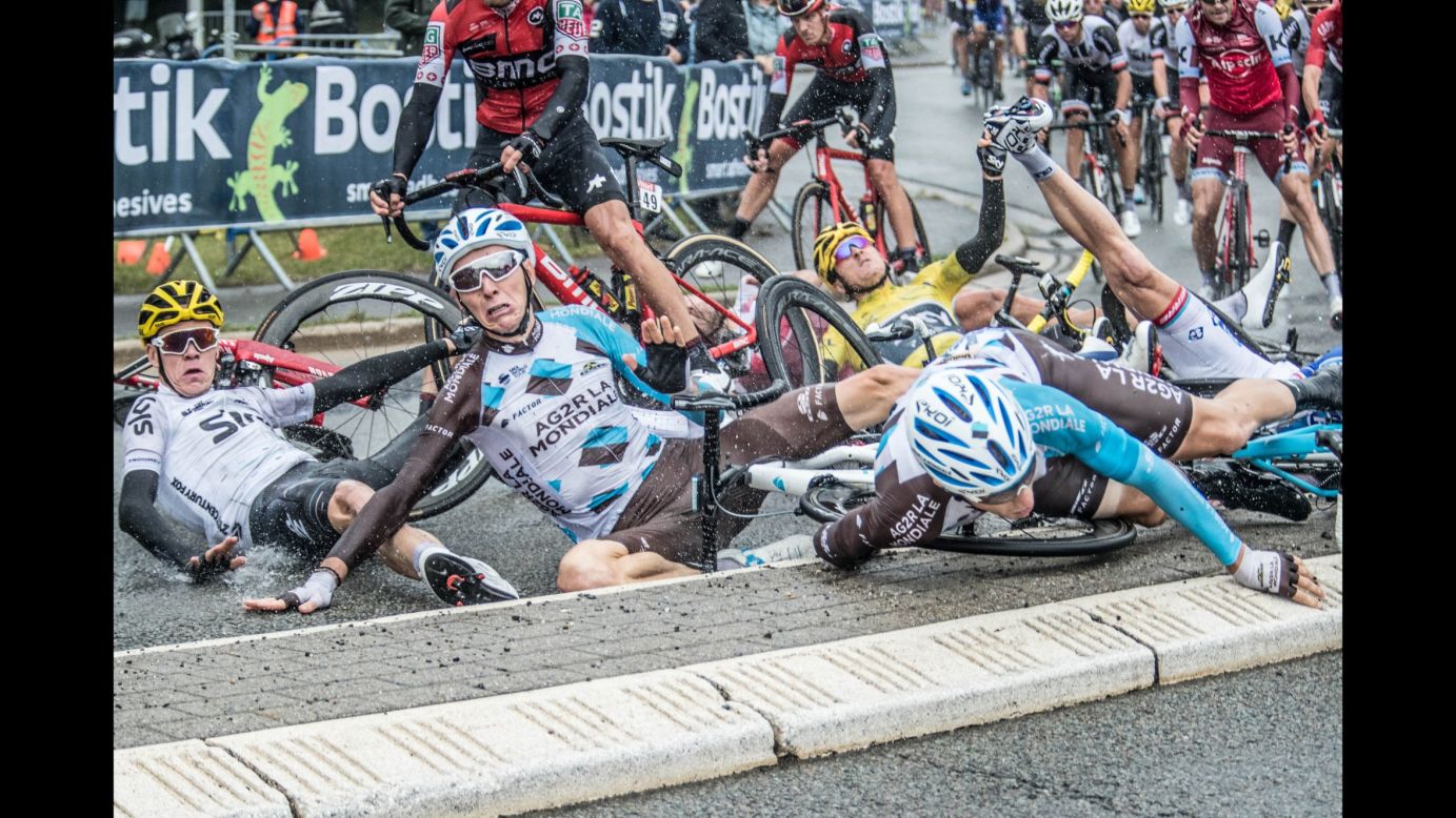 Cyclists crash during the second stage of the Tour de France on Sunday, July 2. The crash claimed several top contenders, including Chris Froome, Romain Bardet and Geraint Thomas.