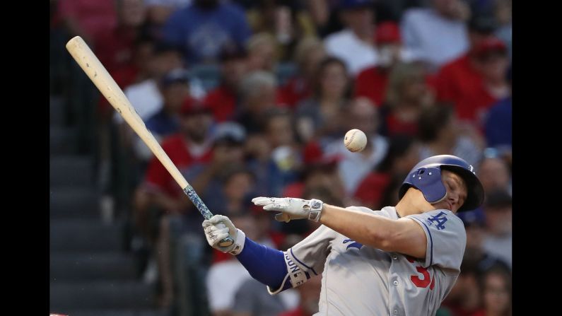 Joc Pederson fouls off a pitch during a Major League Baseball game in Anaheim, California, on Wednesday, June 28.