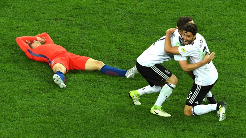 Jonas Hector, right, celebrates with teammate Shkodran Mustafi after Germany defeated Chile 1-0 in the Confederations Cup final on Sunday, July 2.