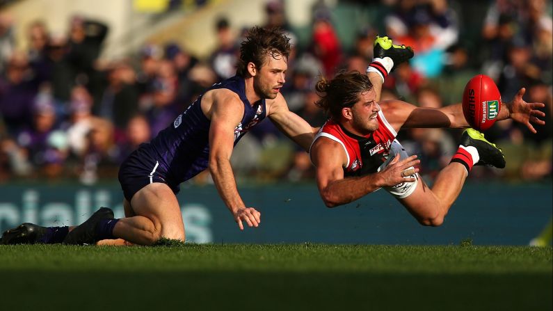 St. Kilda's Josh Bruce, right, competes against Fremantle's Joel Hamling during an Australian Football League match on Sunday, July 2.