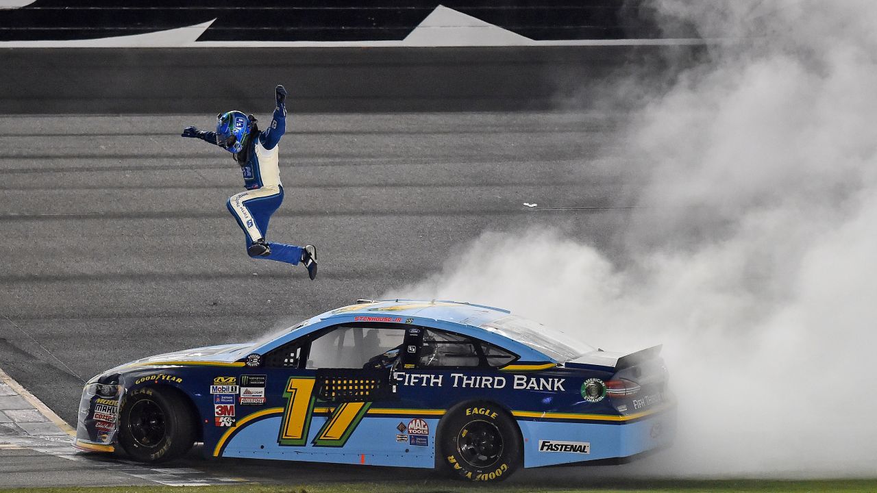 NASCAR driver Ricky Stenhouse Jr. celebrates after winning the Cup Series race at Daytona on Saturday, July 1. It is his second career win on NASCAR's top circuit.