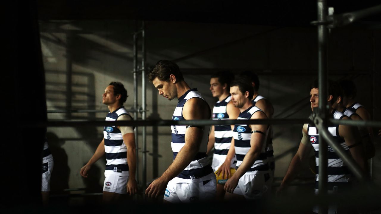 The Geelong Cats walk out for an Australian Football League match in Sydney on Saturday, July 1.