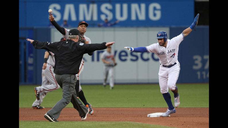 Kevin Pillar reaches second base safely during a Major League game in Toronto on Wednesday, June 28.