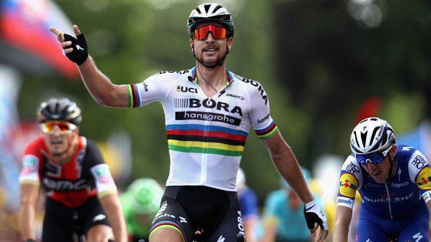 LONGWY, FRANCE - JULY 03:  Peter Sagan of Slovakia and team Bora-Hansgrohe celebrates as he crosses the line to win stage 3 of the 2017 Tour de France, a 212.5km road stage from Verviers to Longwy on July 3, 2017 in Longwy, France.  (Photo by Bryn Lennon/Getty Images)