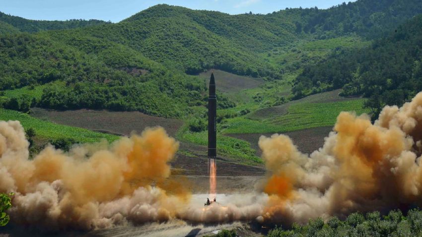 This picture taken and released on July 4, 2017 by North Korea's official Korean Central News Agency (KCNA) shows the test-fire of the intercontinental ballistic missile Hwasong-14 at an undisclosed location.
North Korea declared on July 4 it had successfully tested its first intercontinental ballistic missile -- a watershed moment in its push to develop a nuclear weapon capable of hitting the mainland United States. / AFP PHOTO / KCNA VIA KNS / STR / South Korea OUT / REPUBLIC OF KOREA OUT ---EDITORS NOTE--- RESTRICTED TO EDITORIAL USE - MANDATORY CREDIT "AFP PHOTO/KCNA VIA KNS" - NO MARKETING NO ADVERTISING CAMPAIGNS - DISTRIBUTED AS A SERVICE TO CLIENTS
THIS PICTURE WAS MADE AVAILABLE BY A THIRD PARTY. AFP CAN NOT INDEPENDENTLY VERIFY THE AUTHENTICITY, LOCATION, DATE AND CONTENT OF THIS IMAGE. THIS PHOTO IS DISTRIBUTED EXACTLY AS RECEIVED BY AFP.
/ STR/AFP/Getty Images