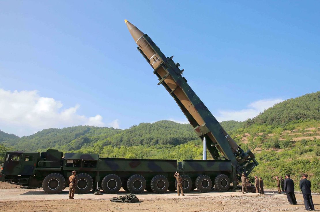 North Korean leader Kim Jong-Un inspecting the test-fire of the intercontinental ballistic missile Hwasong-14 at an undisclosed location.