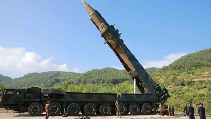This picture taken and released on July 4, 2017 by North Korea's official Korean Central News Agency (KCNA) shows North Korean leader Kim Jong-Un (2nd R) inspecting the test-fire of the intercontinental ballistic missile Hwasong-14 at an undisclosed location.
North Korea declared on July 4 it had successfully tested its first intercontinental ballistic missile -- a watershed moment in its push to develop a nuclear weapon capable of hitting the mainland United States. / AFP PHOTO / KCNA VIA KNS / STR / South Korea OUT / REPUBLIC OF KOREA OUT ---EDITORS NOTE--- RESTRICTED TO EDITORIAL USE - MANDATORY CREDIT "AFP PHOTO/KCNA VIA KNS" - NO MARKETING NO ADVERTISING CAMPAIGNS - DISTRIBUTED AS A SERVICE TO CLIENTS
THIS PICTURE WAS MADE AVAILABLE BY A THIRD PARTY. AFP CAN NOT INDEPENDENTLY VERIFY THE AUTHENTICITY, LOCATION, DATE AND CONTENT OF THIS IMAGE. THIS PHOTO IS DISTRIBUTED EXACTLY AS RECEIVED BY AFP.
/ STR/AFP/Getty Images