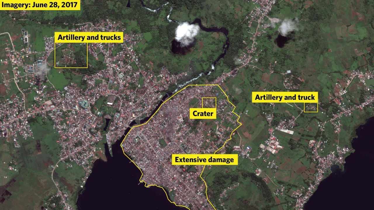 A satellite map of the Philippines city of Marawi, showing military positions and areas of devastation wrought by an ongoing conflict between ISIS-aligned militants and the Philippines' armed forces. 