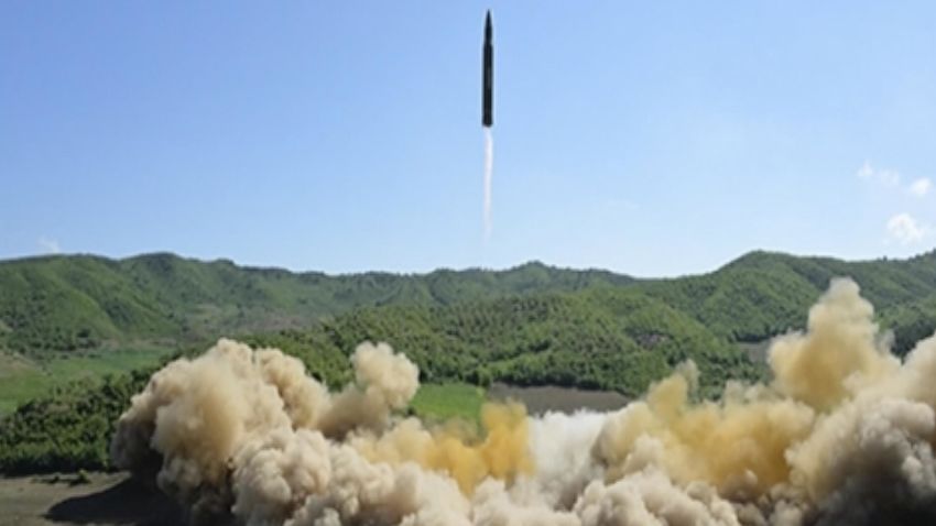 This image made from video of a news bulletin aired by North Korea's KRT on Tuesday, July 4, 2017, shows what was said to be the launch of a Hwasong-14 intercontinental ballistic missile, ICBM, in North Korea's northwest. Independent journalists were not given access to cover the event depicted in this photo. North Korea claimed to have tested its first intercontinental ballistic missile in a launch Tuesday, a potential game-changing development in its push to militarily challenge Washington — but a declaration that conflicts with earlier South Korean and U.S. assessments that it had an intermediate range. (KRT via AP Video)