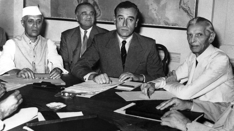 Nehru (left), Lord Louis Mountbatten (center), Mountbatten's chief of staff Lord Ismay (center left) and Jinnah (right)  negotiate the division of India in the capital of New Delhi in June 1947. <br /><br /><a  target="_blank" target="_blank">In March 1947,</a> Mountbatten became the viceroy of India, responsible for overseeing the handover of power from Britain back to its colony. <br />