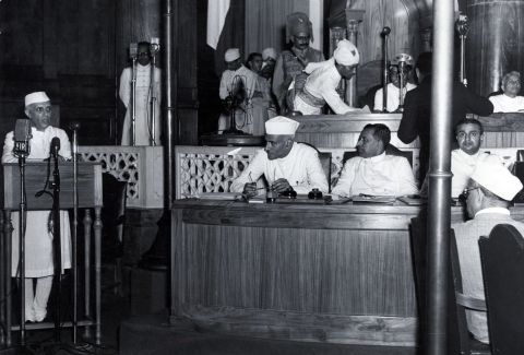 Nehru delivers his famous "Tryst with Destiny" speech and declares India's independence in the Constituent Assembly in New Delhi just before midnight on August 15, 1947.