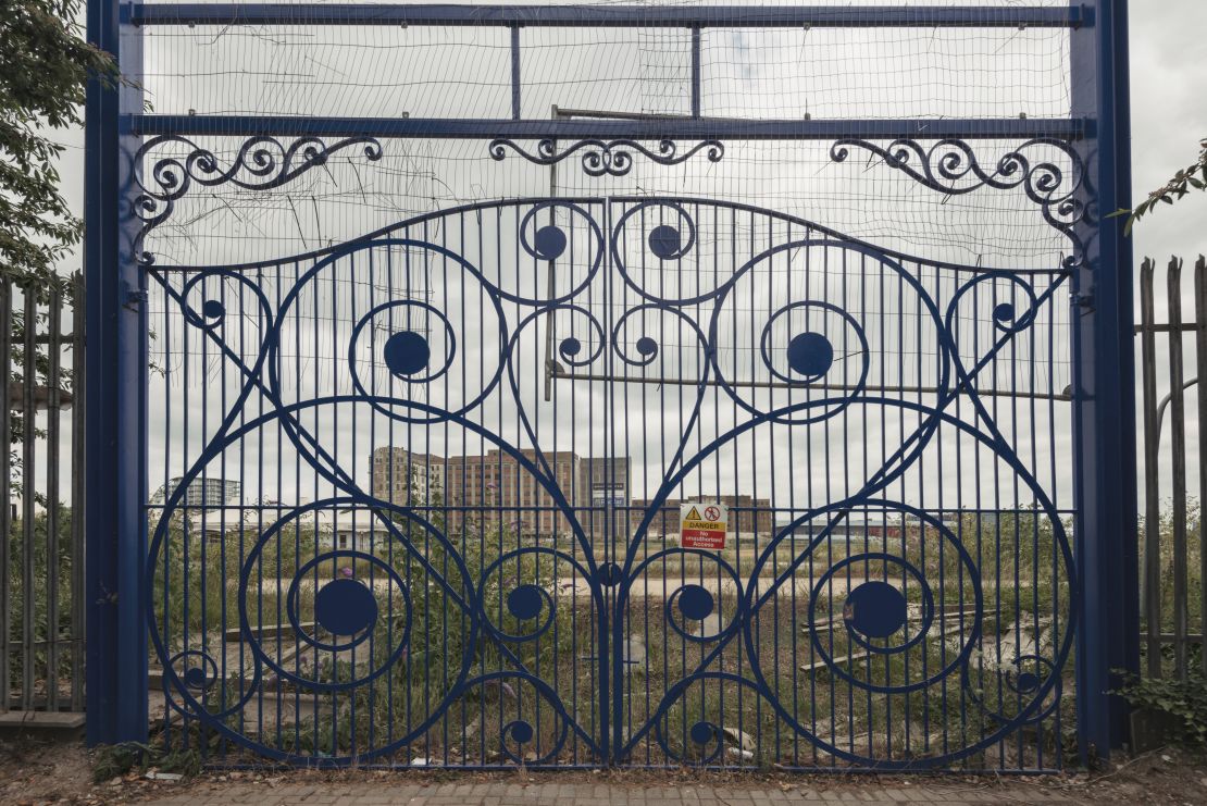 Wrought iron gates guard the entrance to Silvertown. The area is named after Samuel Winkworth Silver, who opened a waterproof clothing factory there in 1852. 