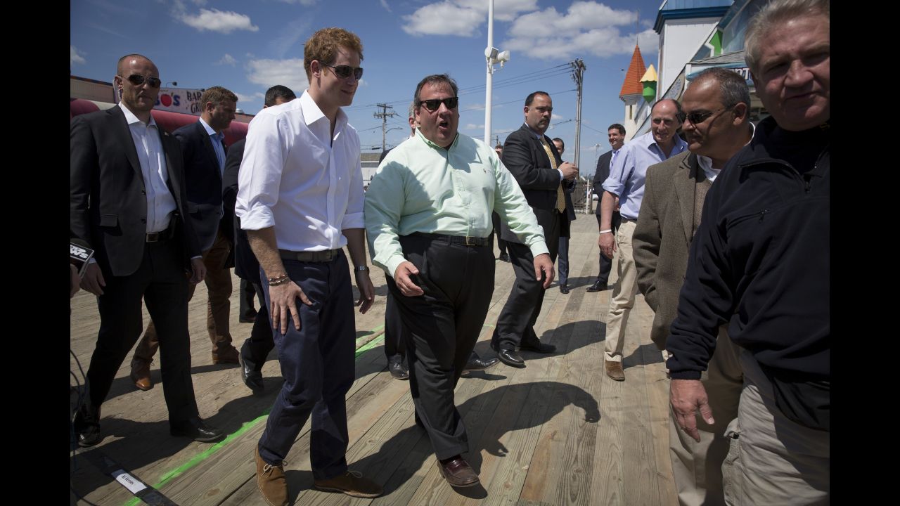 Christie walks with Britain's Prince Harry on the boardwalk in Seaside Heights, New Jersey, in May 2013. The prince was on a weeklong US tour.