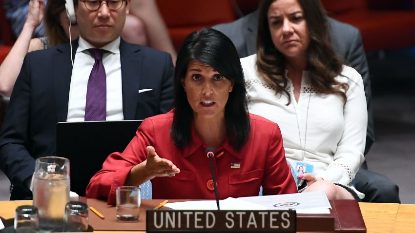 US Ambassador to the United Nations Nikki Haley speaks during a Security Council meeting on North Korea at the UN headquarters in New York on July 5, 2017. The United States will present to the UN Security Council a new draft resolution imposing sanctions on North Korea after it launched its first intercontinental ballistic missile, Haley said. (JEWEL SAMAD/AFP/Getty Images)