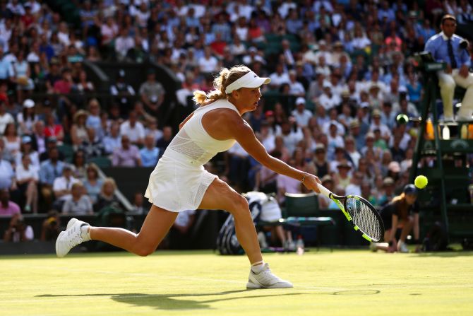 Caroline Wozniacki is pictured sporting McCartney's "Barricade" dress at this year's Wimbledon. 