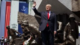 President Donald Trump waves as he arrives to deliver a speech at Krasinski Square at the Royal Castle, Thursday, July 6, 2017, in Warsaw. (AP Photo/Evan Vucci)
